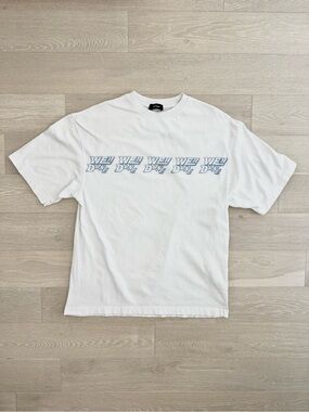 WE11DONE White Men’s T-Shirt with Stencil Print and Rubber Back Logo - Size L